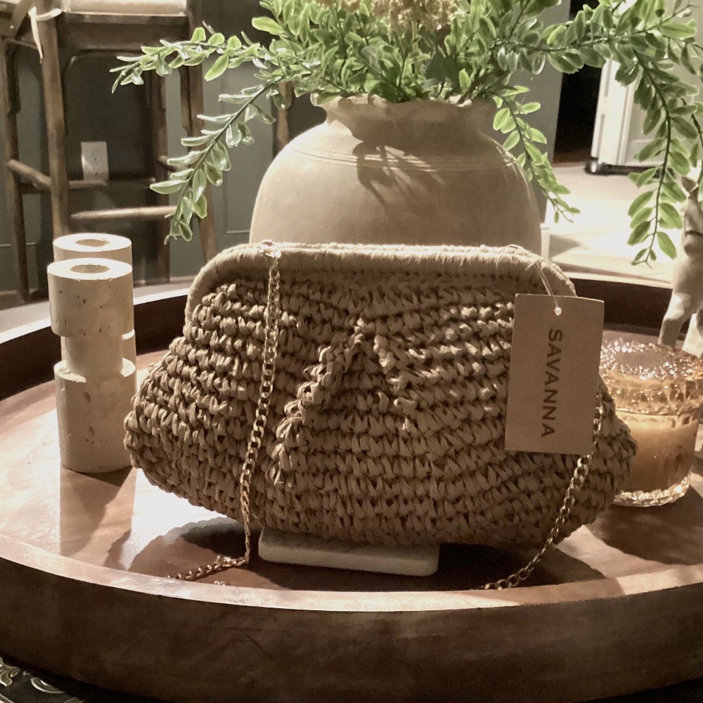 Brand New Raffia Frame Clutch w/ Gold Chain Strap